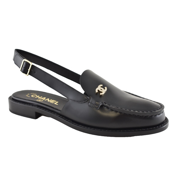CHANEL Shoes - Chanel REV Black Leather CC Crystal Logo Coco Sling Slingback Ballet Flat 40